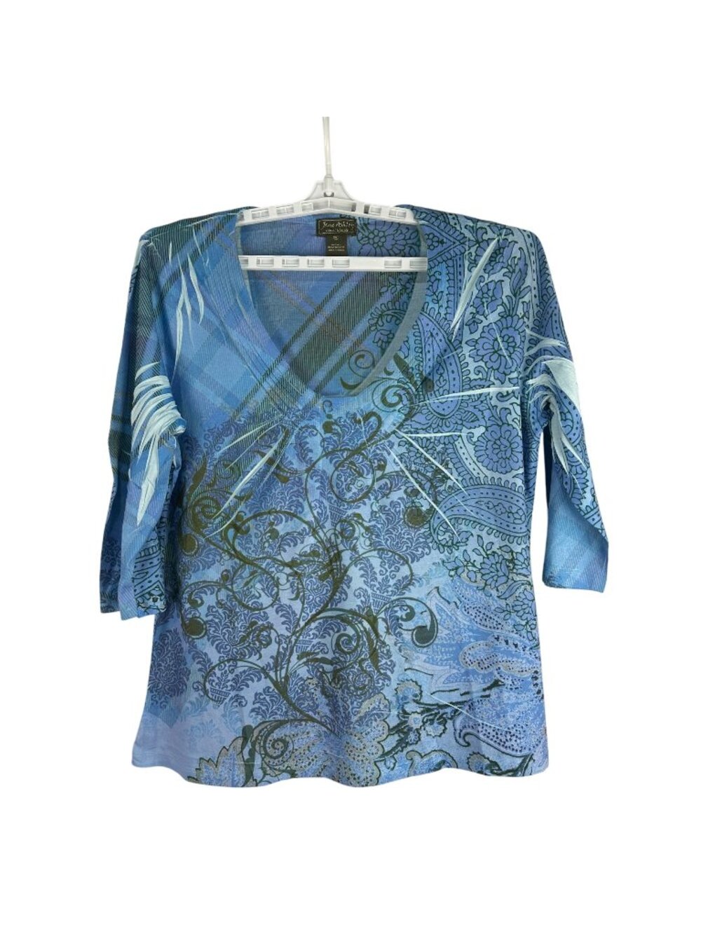 Jane Ashley Womens XL Blue Floral & Paisley Print 3/4 Sleeve Top Lightweight
